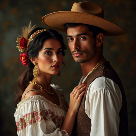 Portrait of a beautiful young couple in medieval clothes. Vintage style.の素材