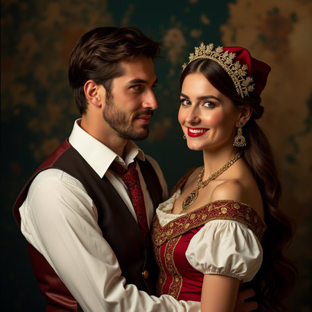 Portrait of a beautiful young couple in medieval costume. Retro style.の素材
