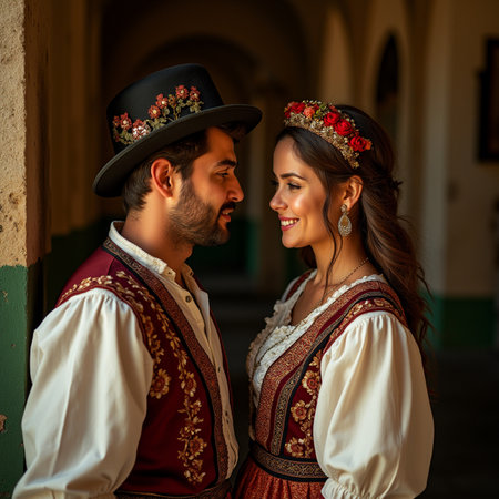 Beautiful young couple in traditional romanian clothes, outdoor portraitの素材