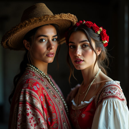 Portrait of two beautiful women in national dress and straw hat.の素材