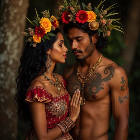 Young Indian couple in traditional clothing and a wreath of flowersの素材