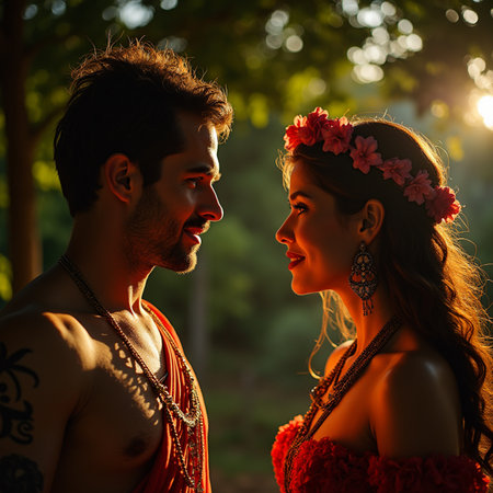 Portrait of beautiful young couple in love in the park at sunsetの素材