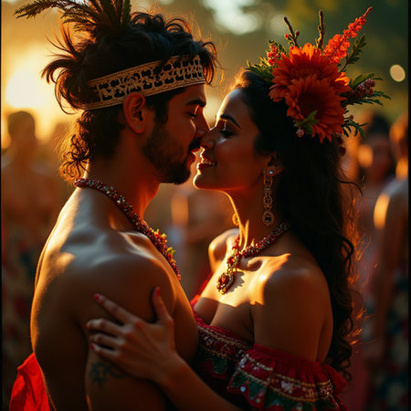 Beautiful couple in ethnic style dancing at the festival of boho.の素材