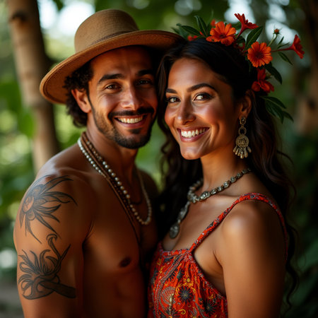Portrait of a beautiful young couple in love on a tropical beachの素材