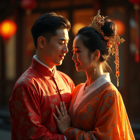 Portrait of a young Asian couple in traditional clothing holding hands.の素材