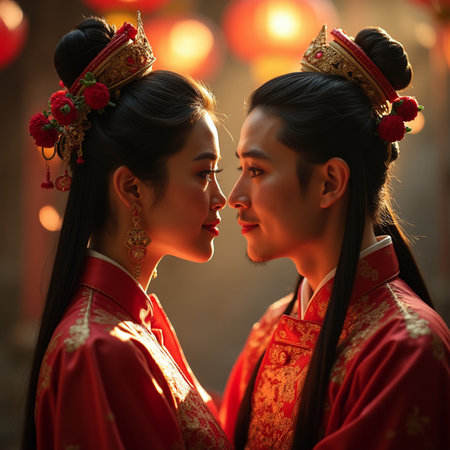 two Asian women in Chinese new year costume kissing on streetの素材