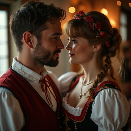 Portrait of a young couple in traditional Bavarian clothes in restaurantの素材