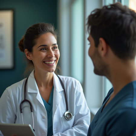 Doctor and patient discussing something while sitting at the table. Medicine and health care concept. Doctor and patientの素材