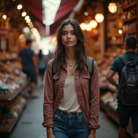 Portrait of a beautiful young brunette woman with long hair walking in the city.の素材