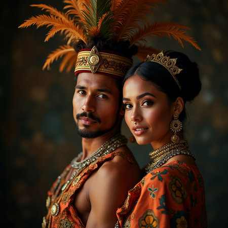 Portrait of a beautiful Indian couple in traditional clothing. Ethnic style.の素材