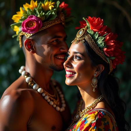 Portrait of a beautiful couple in traditional costume, smiling and looking at each otherの素材