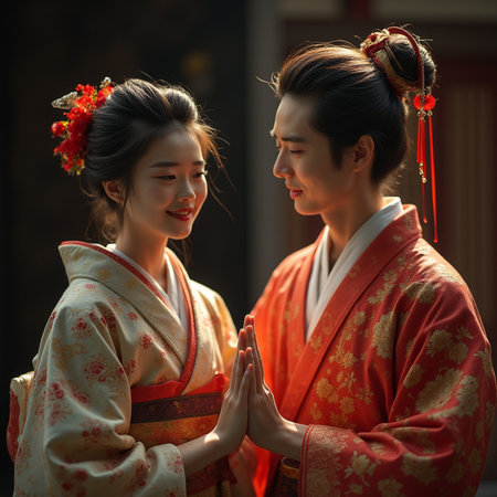 Asian young couple in traditional kimono praying together in the templeの素材