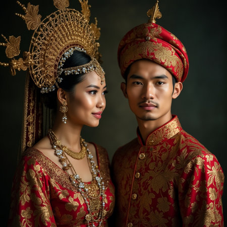 Portrait of a beautiful Asian couple in traditional costume posing over dark background.の素材