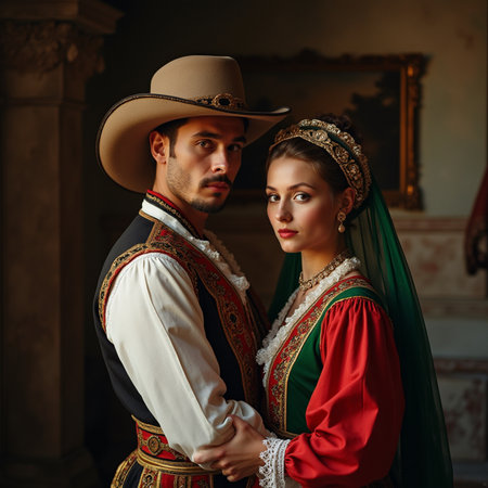 Portrait of a beautiful young couple in medieval clothes. Retro style.の素材