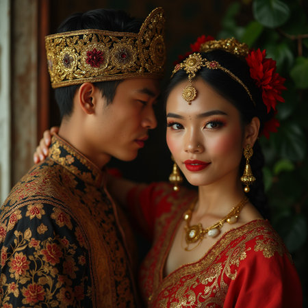 Portrait of beautiful Asian couple in traditional Thai wedding dress, bride and groom.の素材