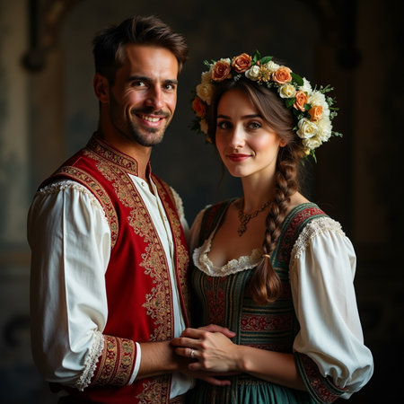 Portrait of a young couple in traditional Bavarian costume.の素材