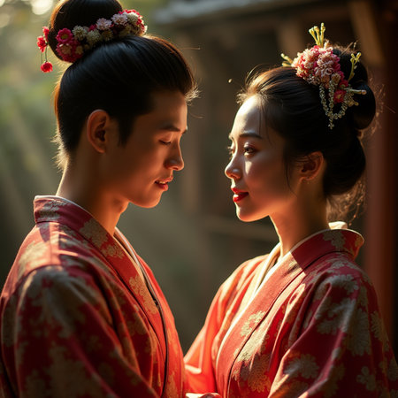 Beautiful asian women in kimono looking at each otherの素材