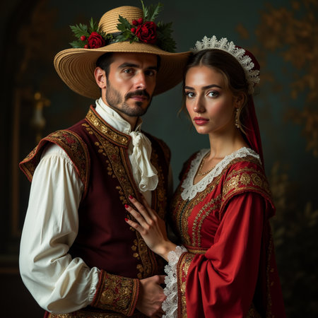 Portrait of a beautiful young couple in medieval style clothes posing in the studio.の素材