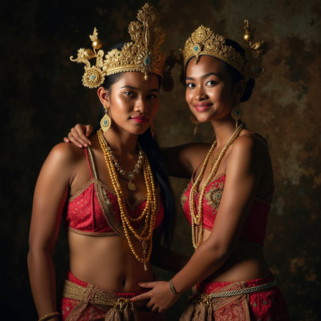 Two Asian women in ethnic costumes posing on a dark background. Belly dance.の素材