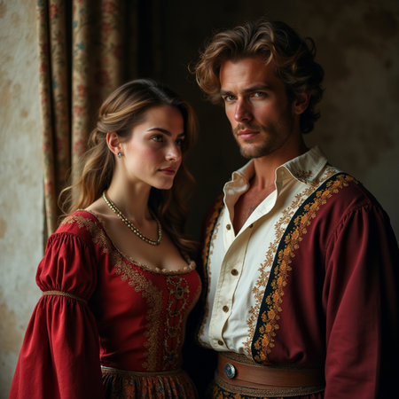 Portrait of a beautiful young couple in medieval clothes. Retro style.の素材
