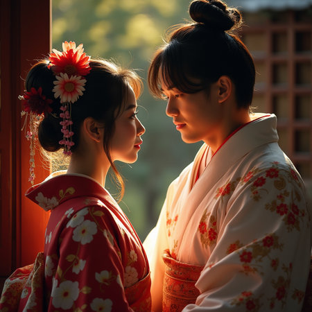 Mother and daughter in kimono looking out the window at sunsetの素材