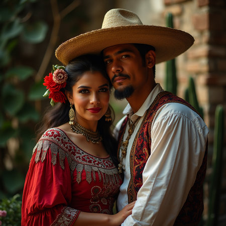 Portrait of a beautiful young couple in traditional clothing and hats.の素材