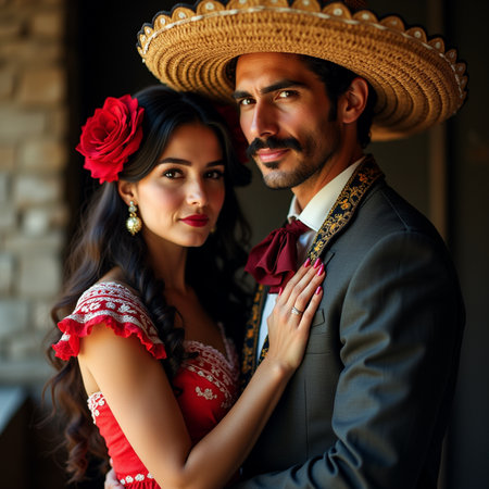 Portrait of a beautiful young couple in traditional Mexican clothingの素材