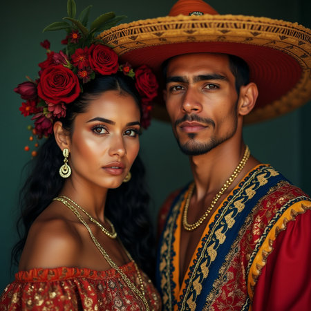Portrait of a beautiful couple in traditional Mexican clothing.の素材