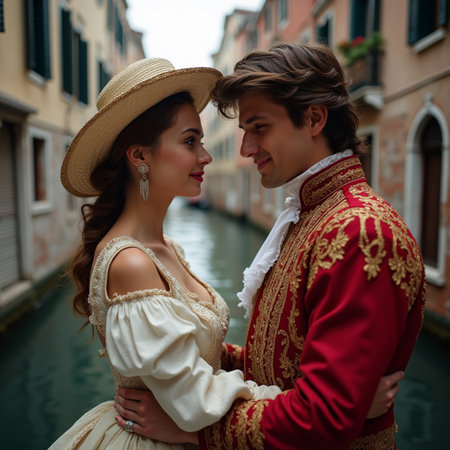 Portrait of a young couple in love in Venice, Italy.の素材