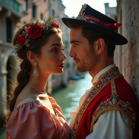 Young couple in traditional Venetian clothes on the background of the canalの素材
