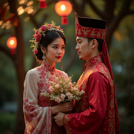 Asian couple in Chinese traditional costume holding a bouquet of flowersの素材