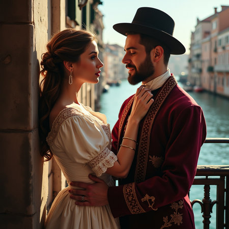 Romantic couple in love walking in Venice, Italy. Young man and woman in traditional dress.の素材