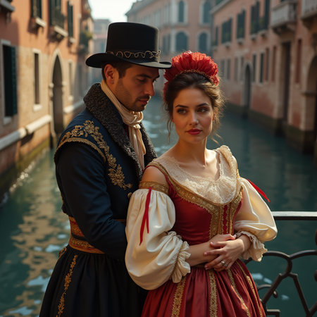 Romantic couple of young man and woman in traditional Venetian clothes.の素材