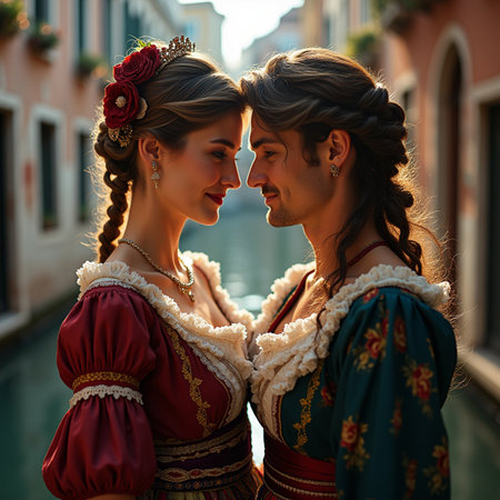 Beautiful couple in traditional dress in Venice, Italy. Romantic couple in love.の素材
