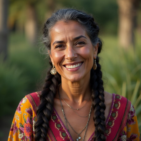 Portrait of a smiling middle-aged Indian woman with braidsの素材
