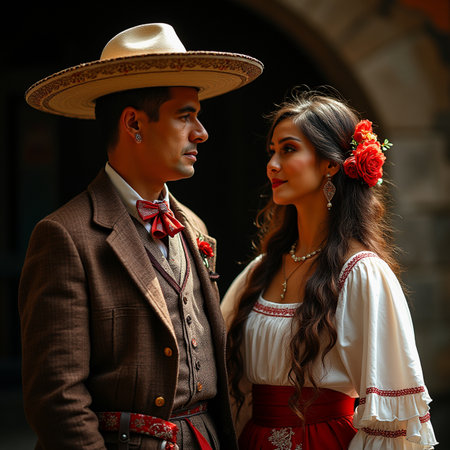 Fashionable couple in traditional dress and sombrero posing outdoor.の素材
