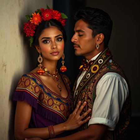 Portrait of a beautiful Indian couple in traditional clothing posing at home.の素材