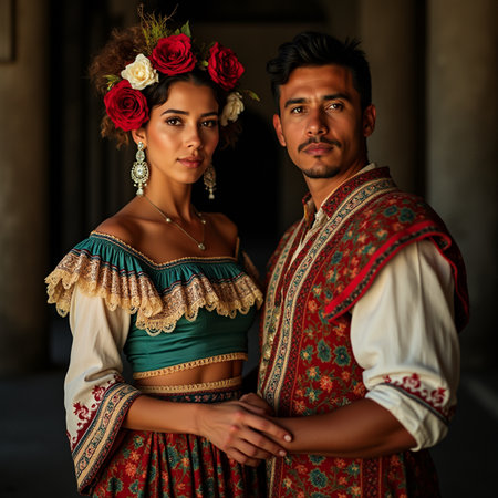 Portrait of a beautiful young couple wearing traditional costume in the old city.の素材