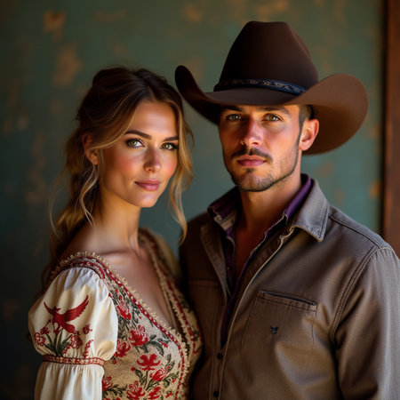 Portrait of a beautiful young couple in cowboy style clothes. Man and woman in love.の素材