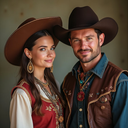 Portrait of a handsome cowboy and his beautiful brunette wife.の素材