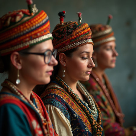 Portrait of a group of young women wearing traditional clothing in Indiaの素材