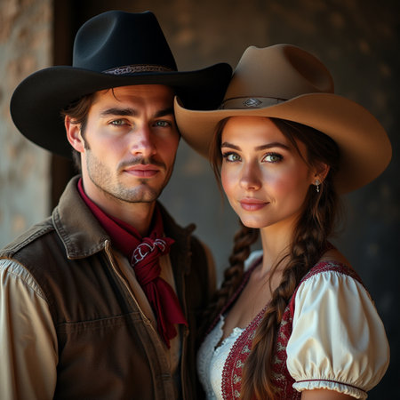 Portrait of a beautiful young couple in cowboy hats. Love and romance.の素材