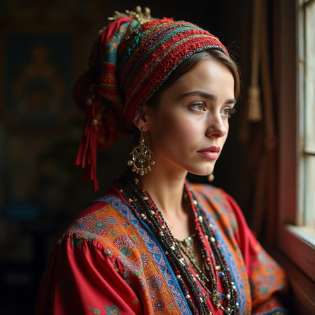 Portrait of a beautiful young woman in ethnic clothes at the windowの素材
