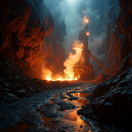 Fantasy landscape with a gas station in the crater of a volcanoの素材