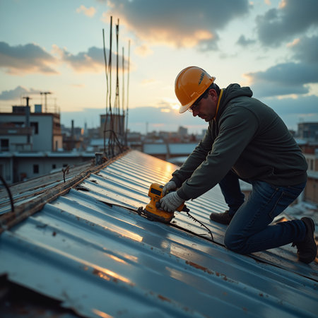 Worker on a roof of a residential building with an electric drillの素材
