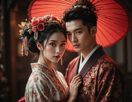 Portrait of a beautiful Asian couple in traditional Japanese clothesの素材