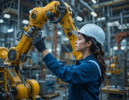 young female factory worker working with robot arm in factory warehouse. Concept of artificial intelligence for industrial revolution and automation manufacturing process.の素材