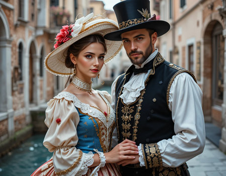 Beautiful couple in medieval dress and hat posing in Venice, Italyの素材