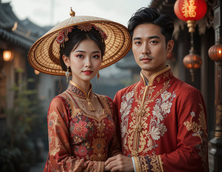 Portrait of young Asian couple in traditional Chinese clothing, outdoor.の素材