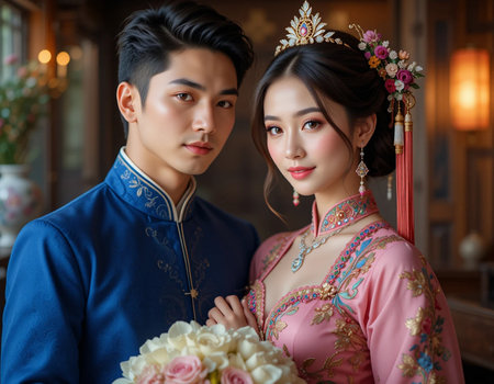 Portrait of Asian bride and groom in traditional thai wedding dressの素材